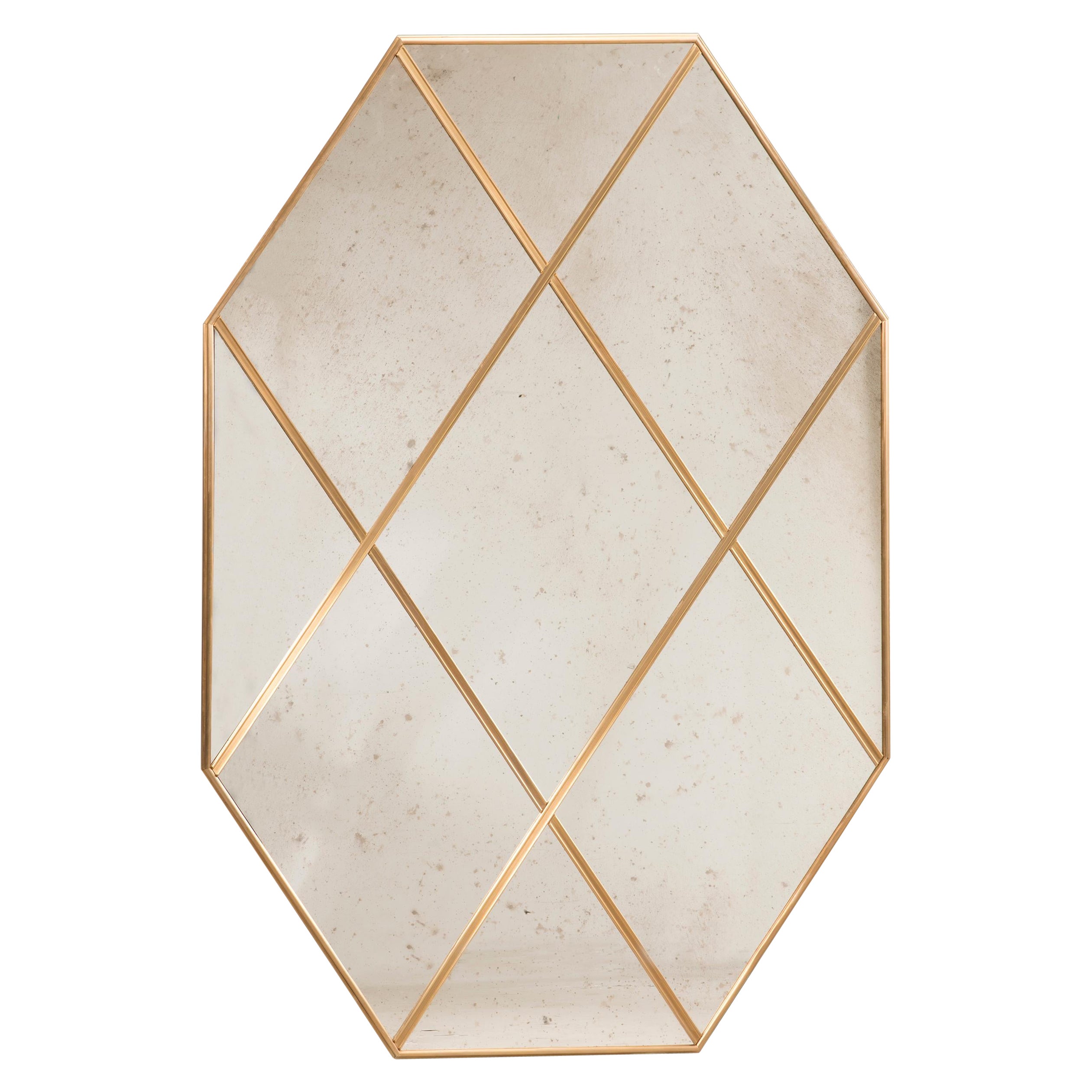 Espejo octogonal del siglo XXI estilo Art Deco con paneles de latón envejecido 110 X 160