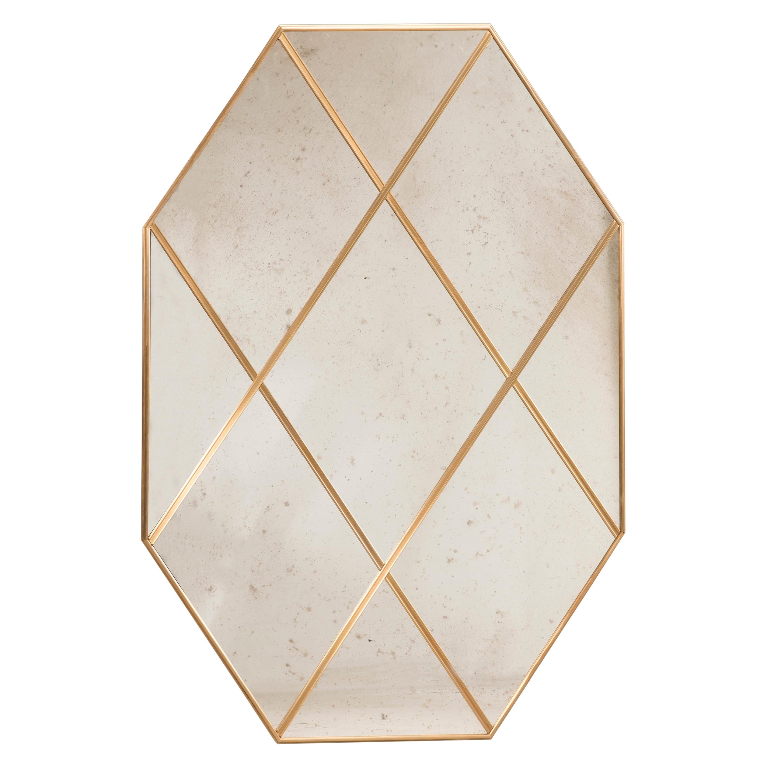 21st Century Octagonal Art Deco Style Brass Paneled Distressed Glass Mirror For Sale