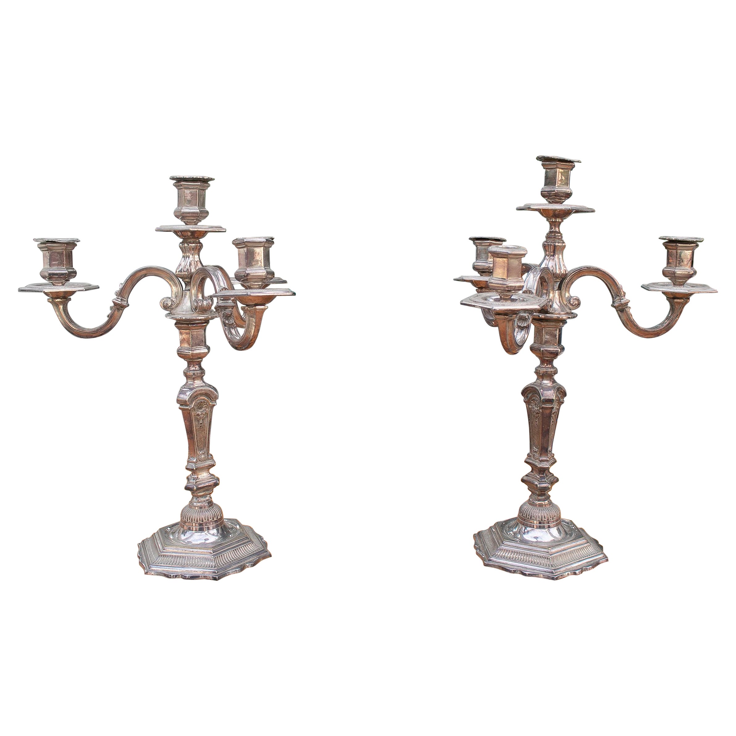 Pair of 1950 French Silvered Metal 3-Arm Candelabra