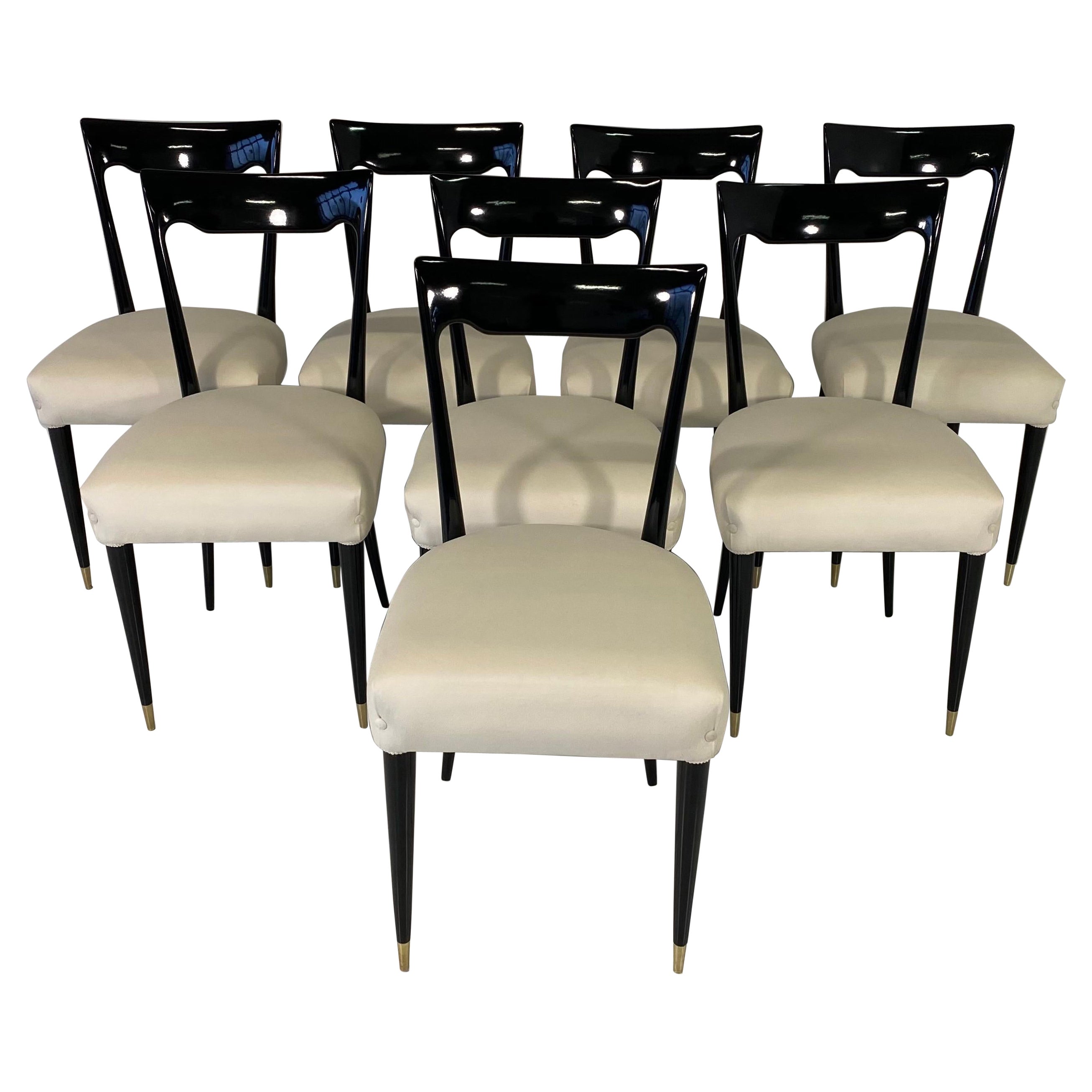 Set of Eight Italian Black and Ivory Dining Chairs, 1950s