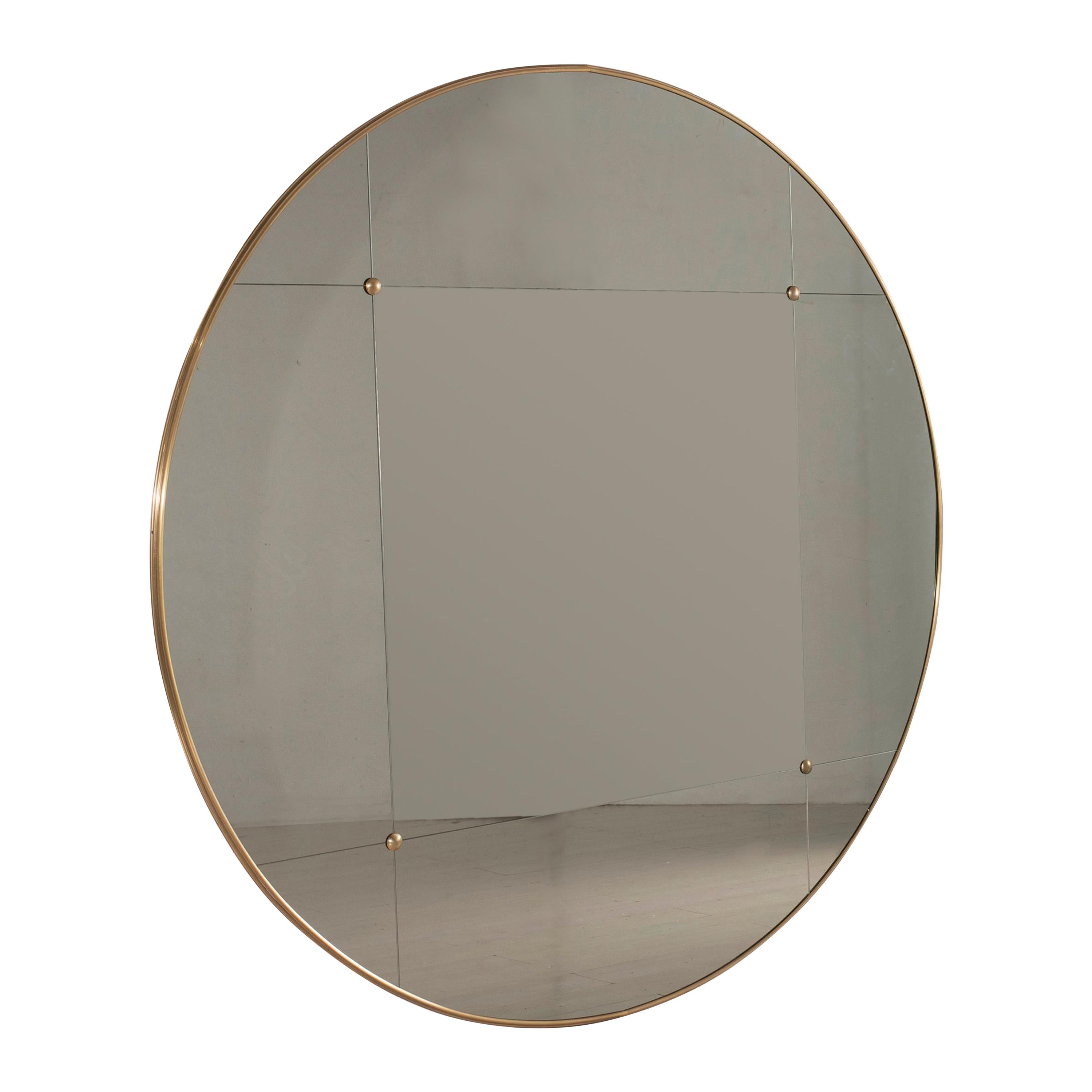 21st Century Round Art Deco Style Paneled Smoked Glass Brass Mirror 140 CM For Sale