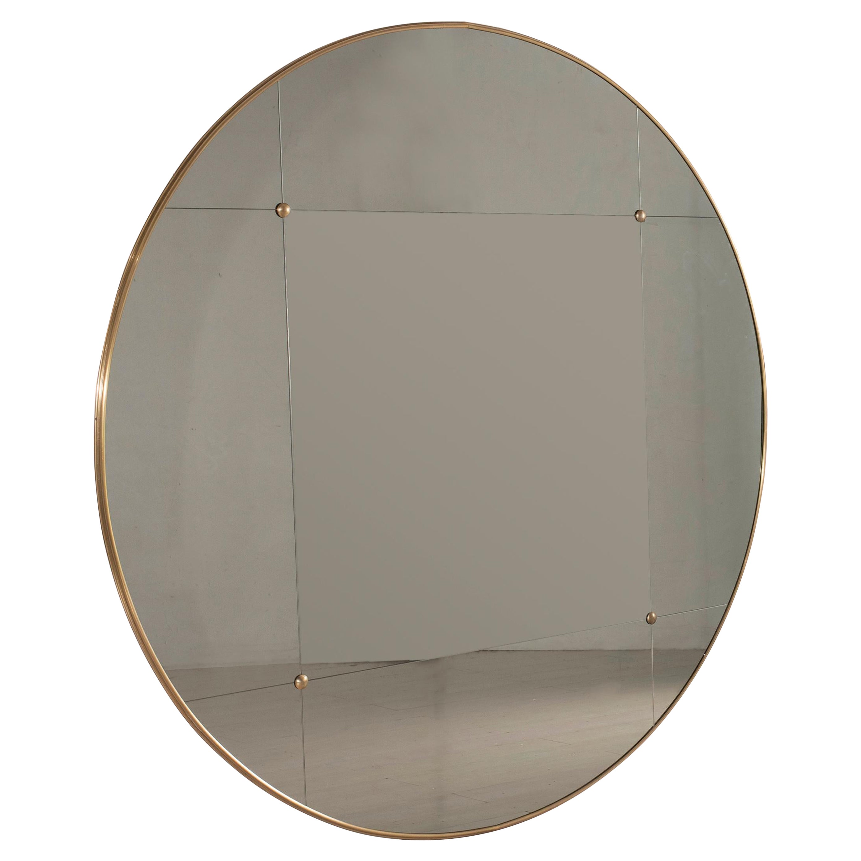 21st Century Round Art Deco Style Paneled Smoked Glass Brass Mirror For Sale