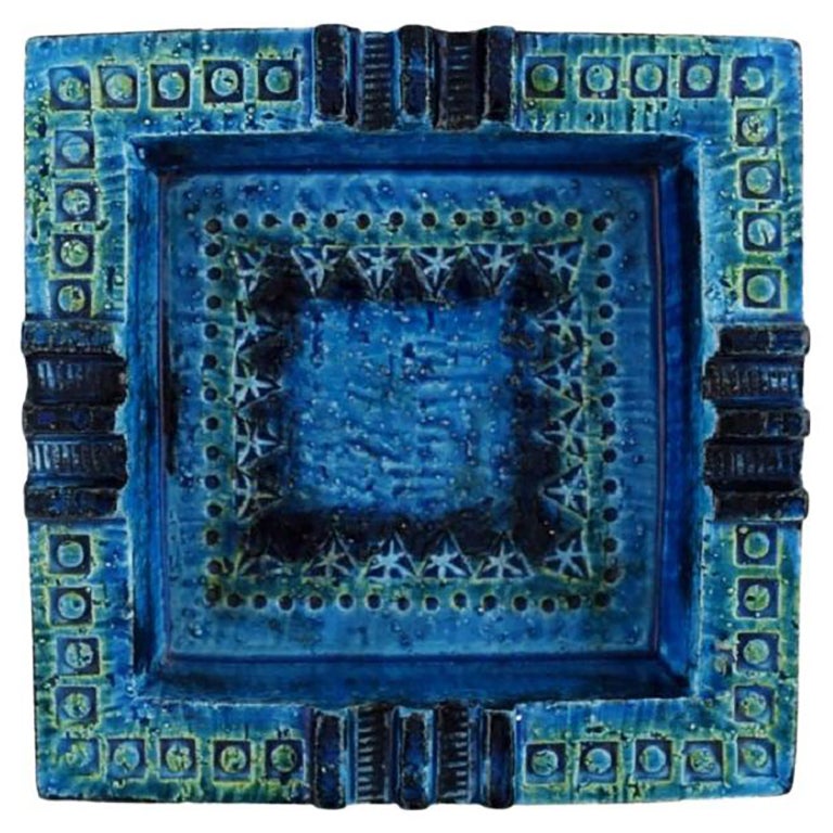 Aldo Londi for Bitossi, Square Bowl in Rimini-Blue Glazed Ceramics, 1960s