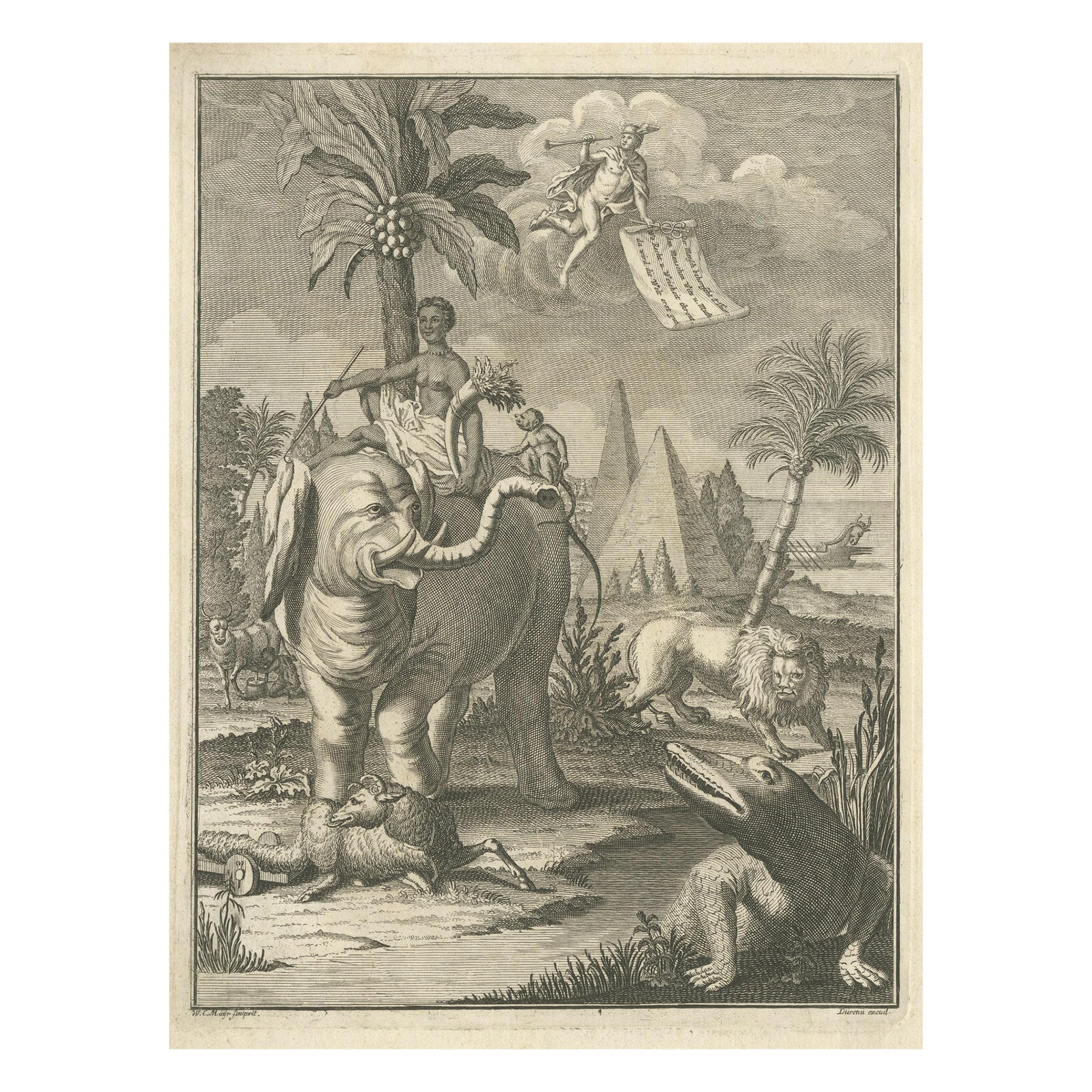 Antique Frontispiece with an Elephant, Lion, Monkey etc, 1749 For Sale