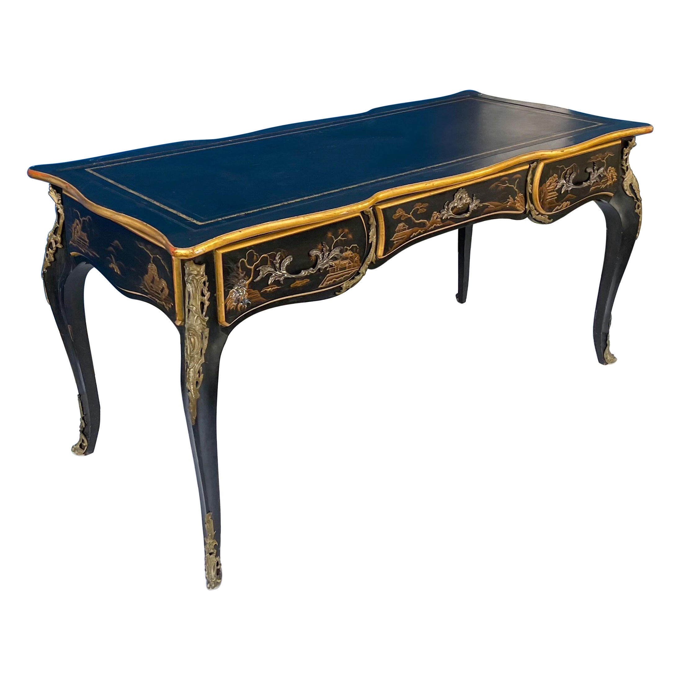Louis XV Style Chinoiserie and Gilt Bronze Bureau Plat Leather Top Desk