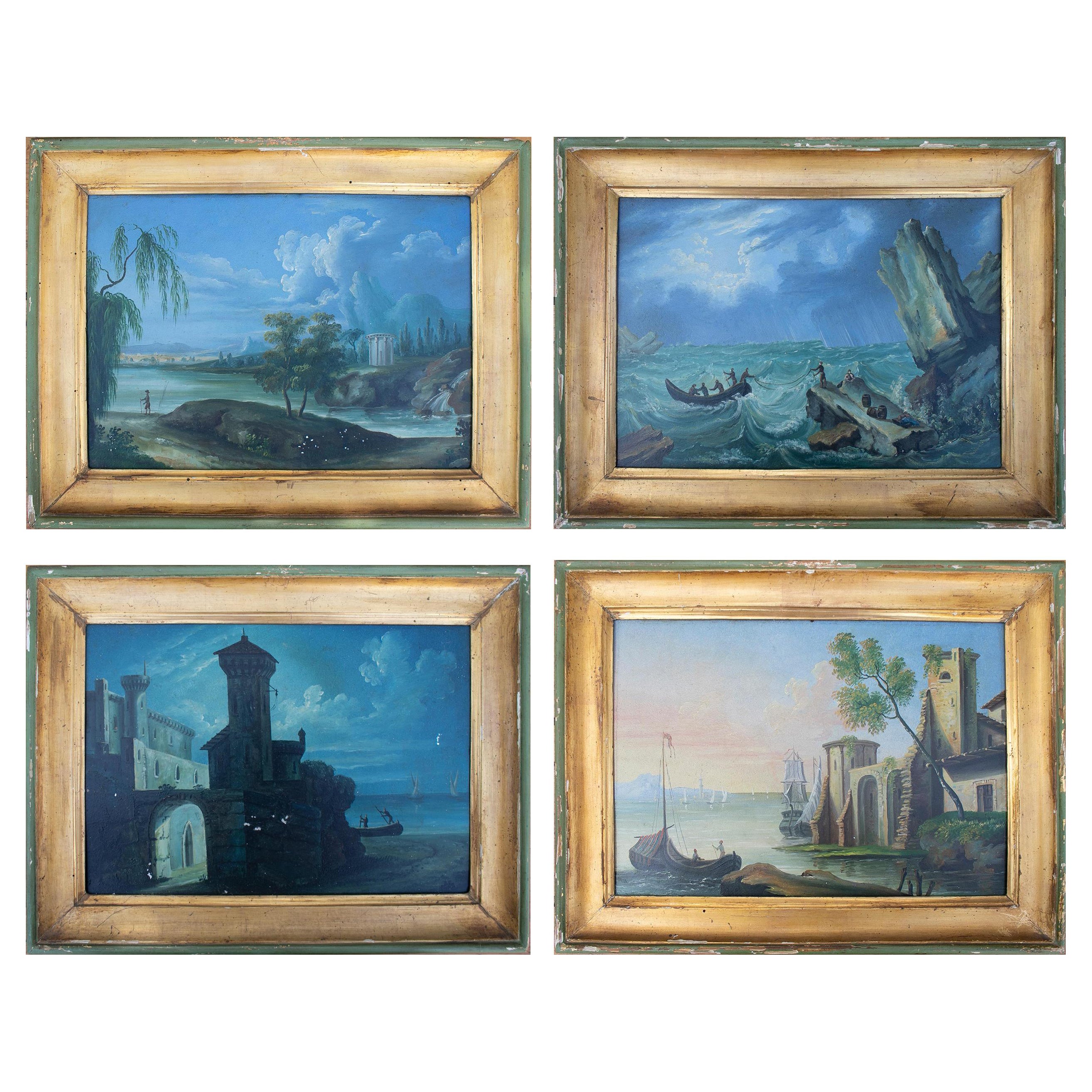 Ensemble de quatre peintures italiennes du 19ème siècle à l'huile sur bois de paysage de Marina avec cadre