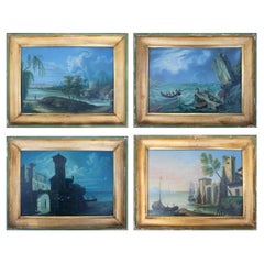 Set of Four 19th Century Italian Oil on Wood Marina Landscape Paintings w/ Frame