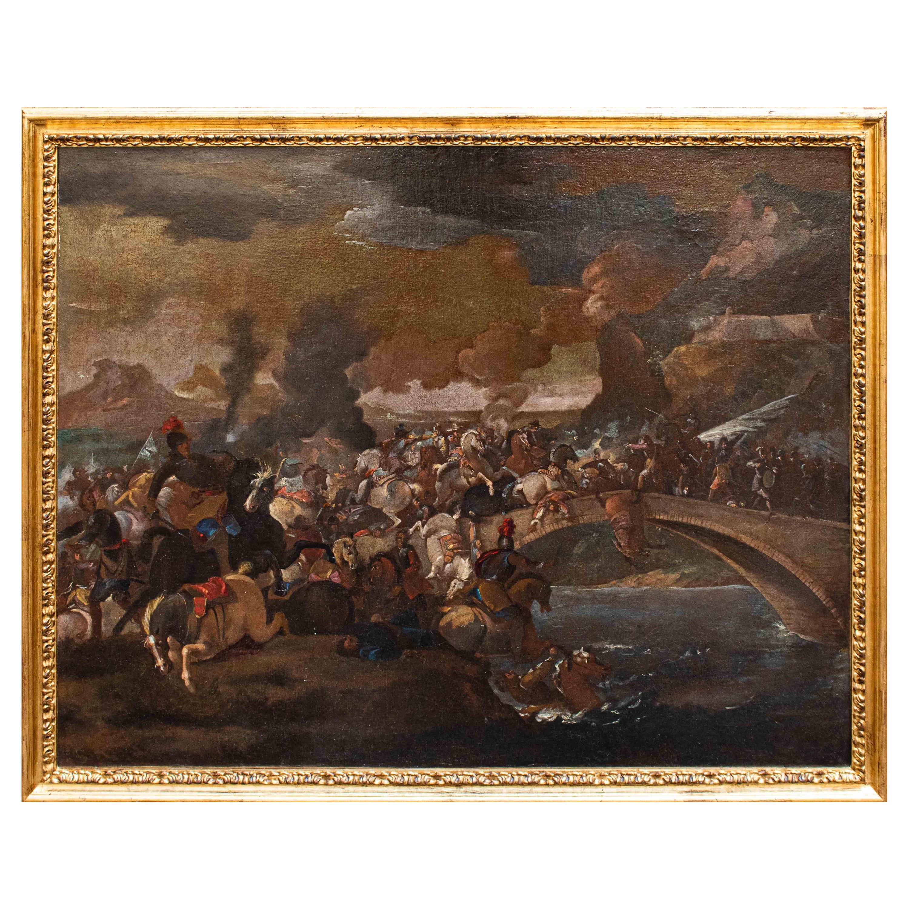 Mid-17th Century Battle on the Bridge Painting Marzio Masturzo Oil on Canvas