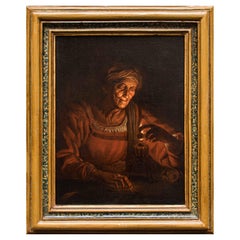 Antique 17th Century Old Woman with Candle Painting Attr. to Matthias Stom Oil on Canvas