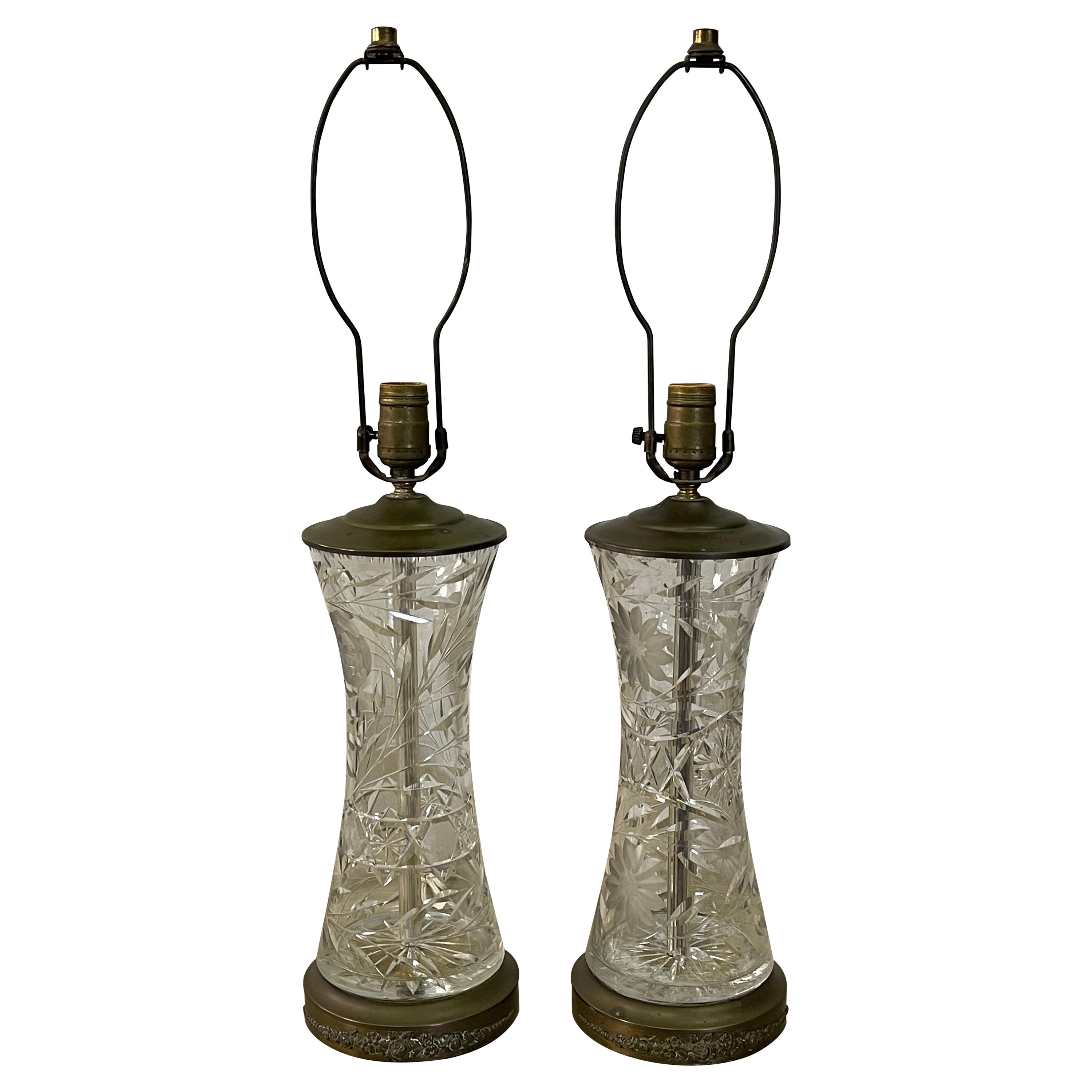1950s Floral Glass Table Lamps, Pair For Sale