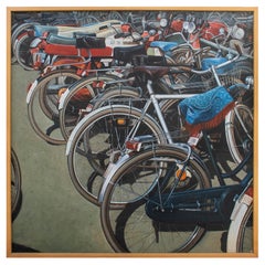 Huile sur toile des années 1980 peinte à la main « Bicyclettes ».