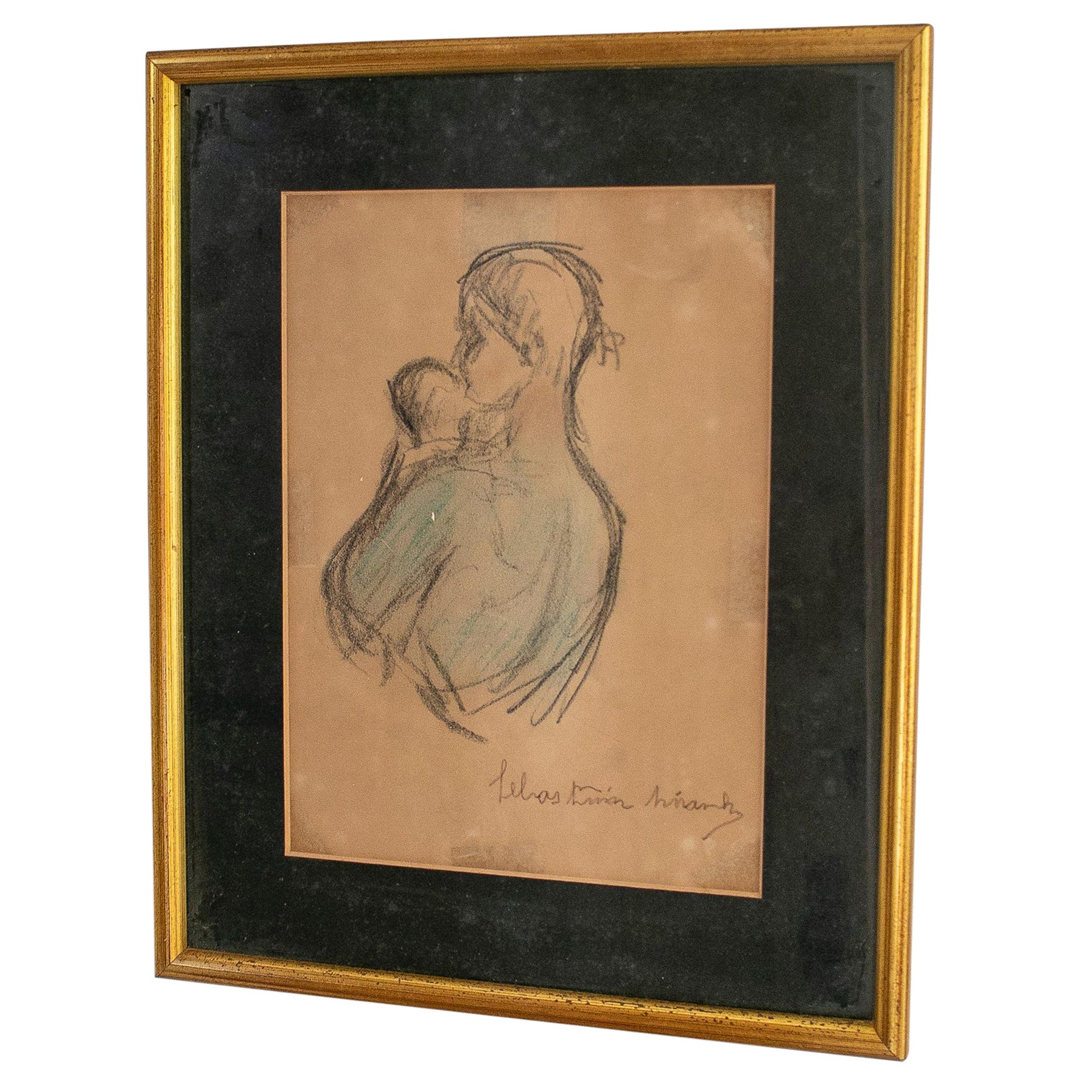 1980s Spanish Mother & Child Hand Drawing w/ Gilt Frame For Sale