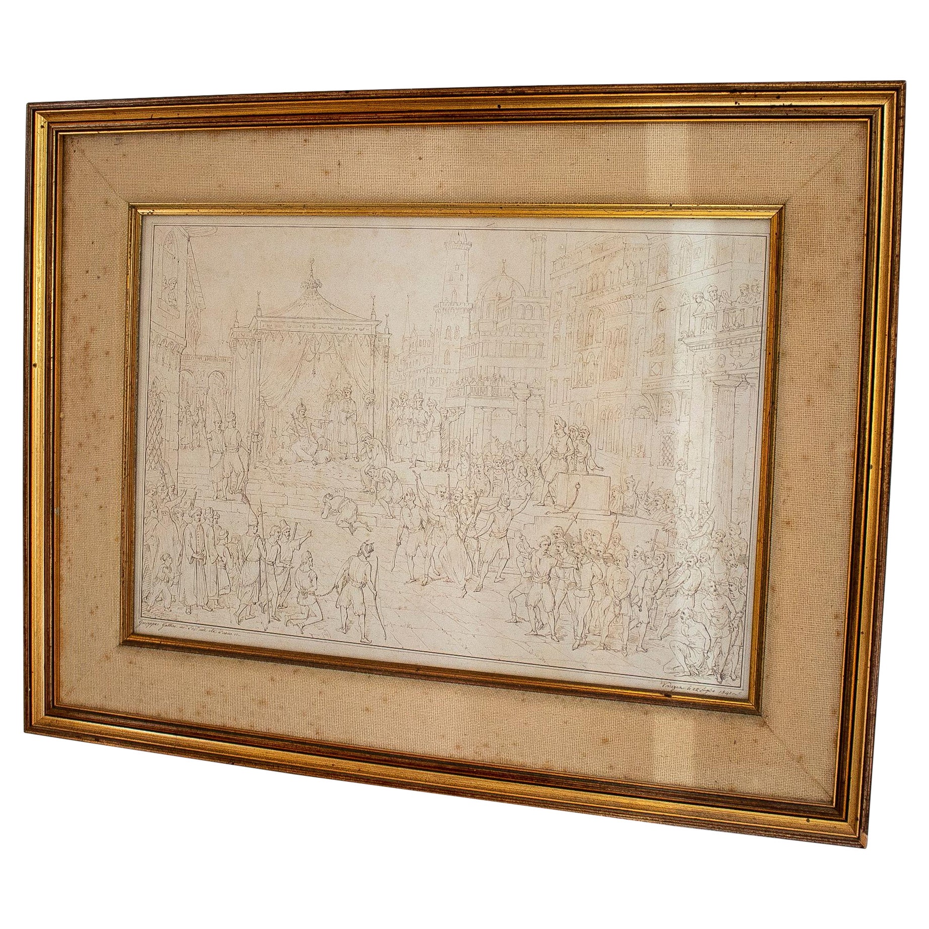 18th Century Italian City People Drawing w/ Frame