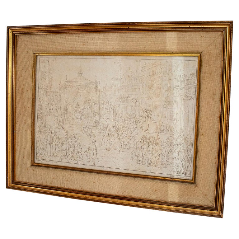 18th Century Italian City People Drawing w/ Frame For Sale