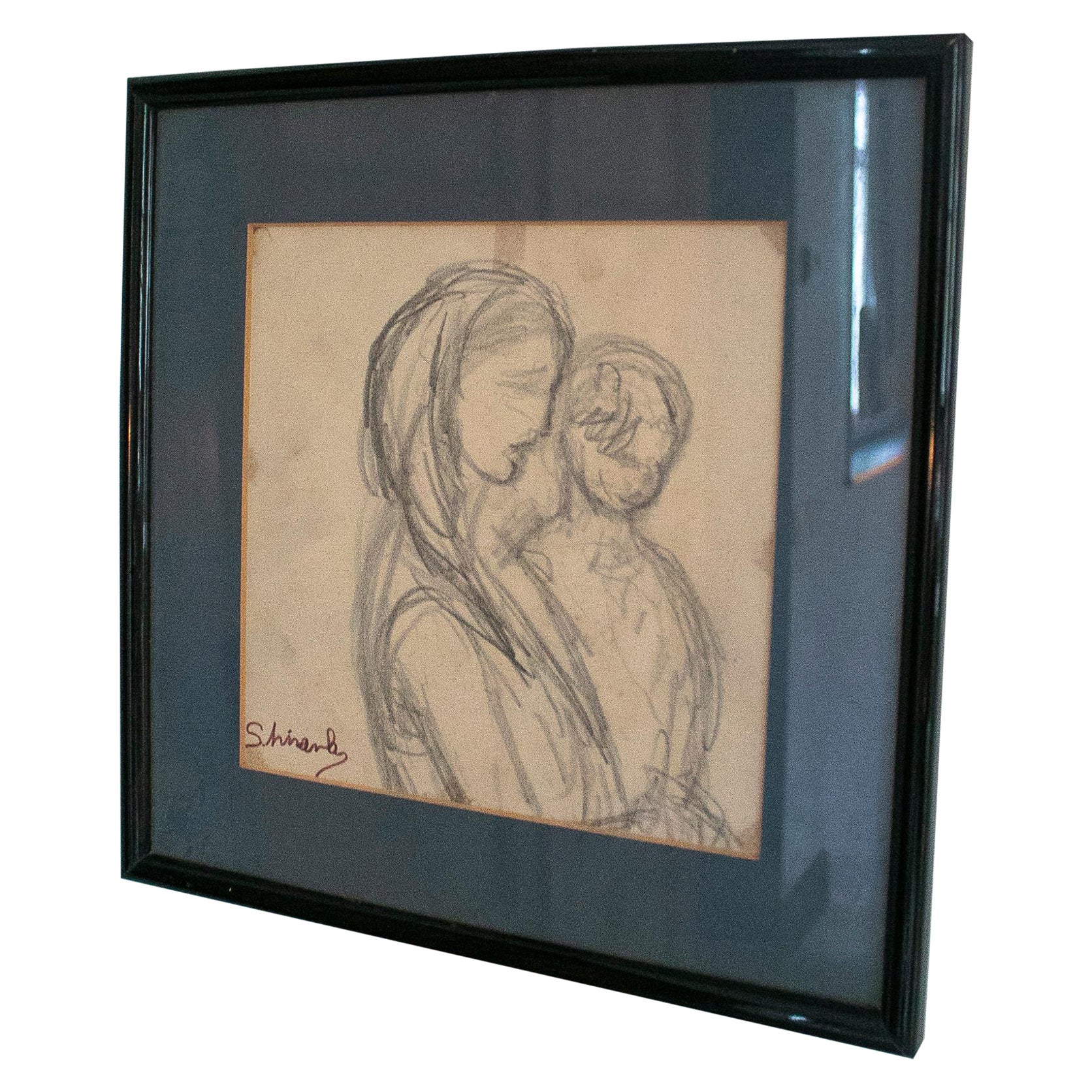 1970s Spanish Woman w/ Child Pencil Drawing Portrait Framed & Signed 