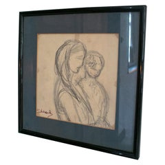 1970s Spanish Woman w/ Child Pencil Drawing Portrait Framed & Signed