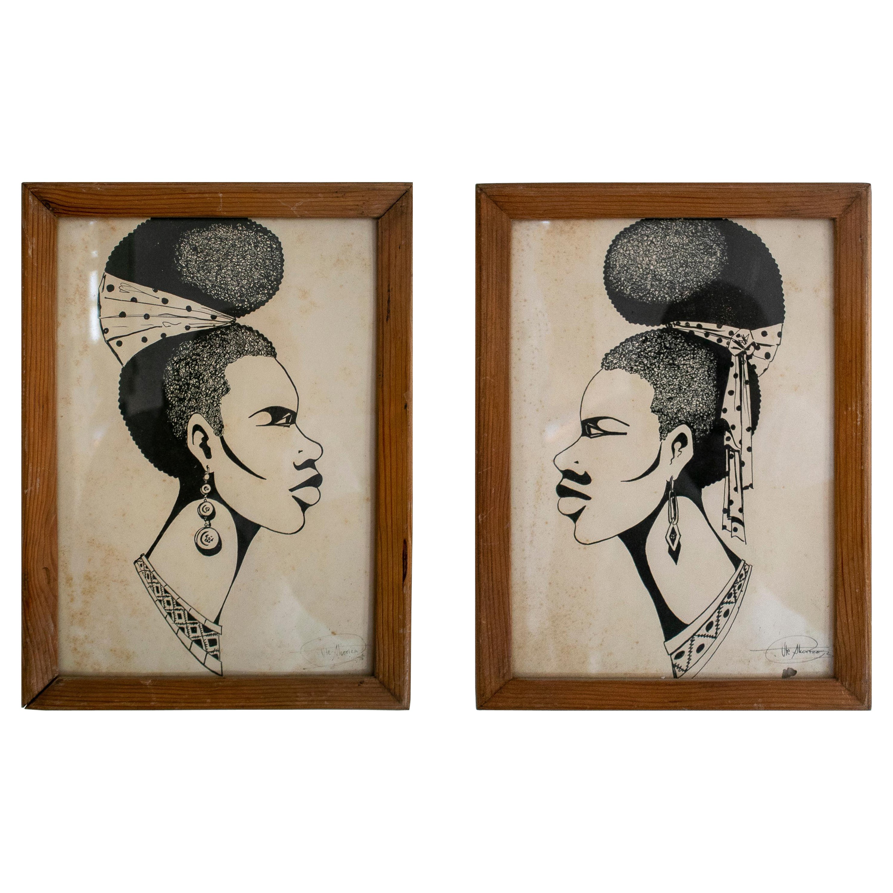 Pair of 1950s African Ink Drawn African Framed Portraits Signed "Ute Alcortzo"