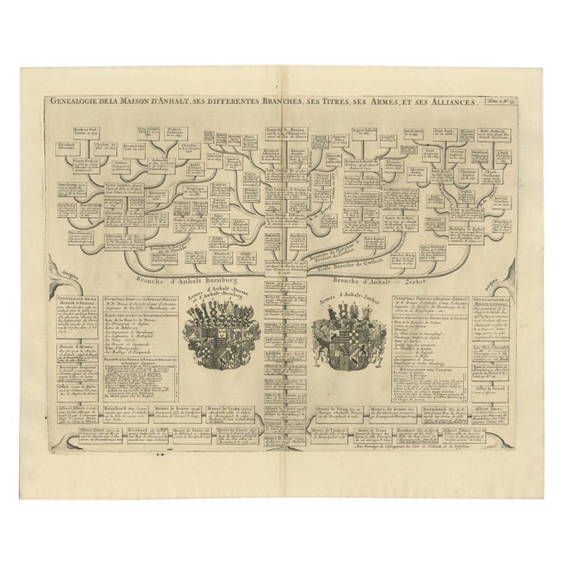 Antique Genealogy Chart of the Duchy of Anhalt Dessau, Bernburg and Zerbst, 1732 For Sale