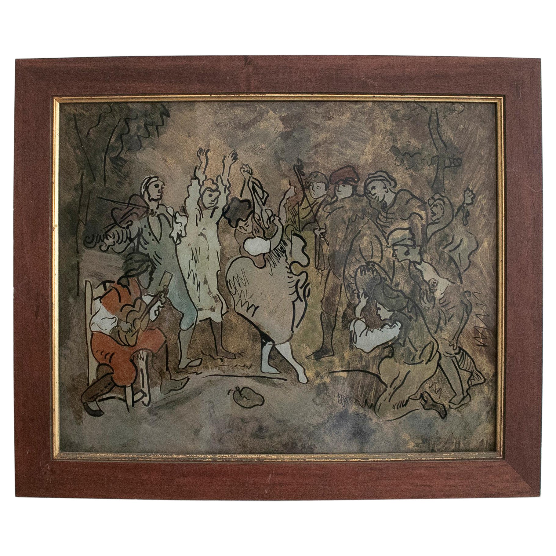 Peinture espagnole des années 1960 sur verre représentant un peuple flamand d'Andalousie, Fiesta