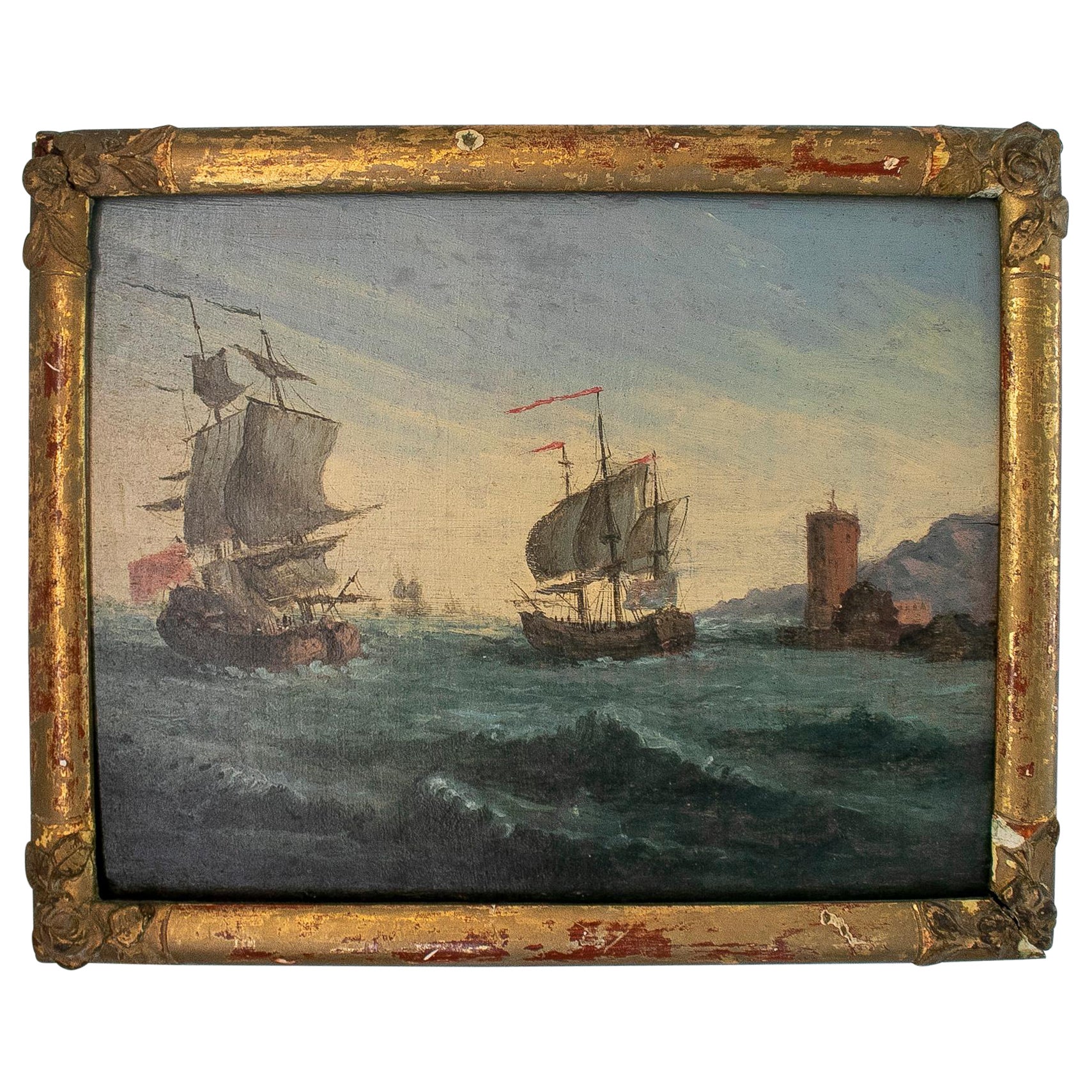 19th Century English Oil on Canvas Marina Painting w/ Giltwood Frame
