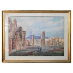 19th Century Pompeii Landscape Grand Tour Watercolour w/ Mount Vesuvius 