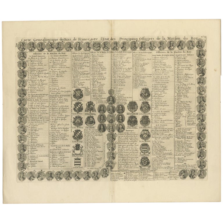 Antique Genealogy Chart of the Kings of France with Portrets, 1732 For Sale