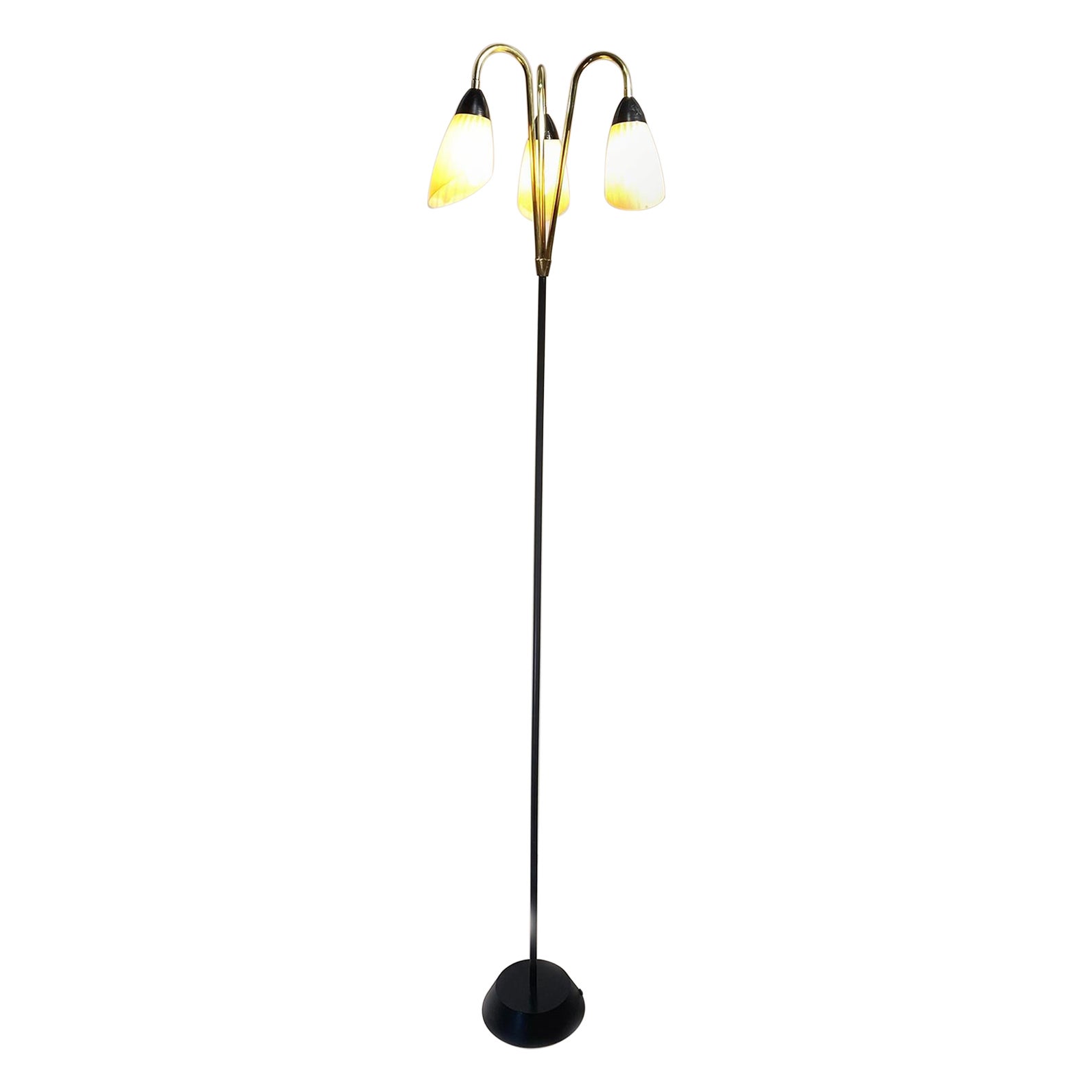 French Brass and Black Metal Floor Lamp with 3 Glass Lights, 1950s For Sale