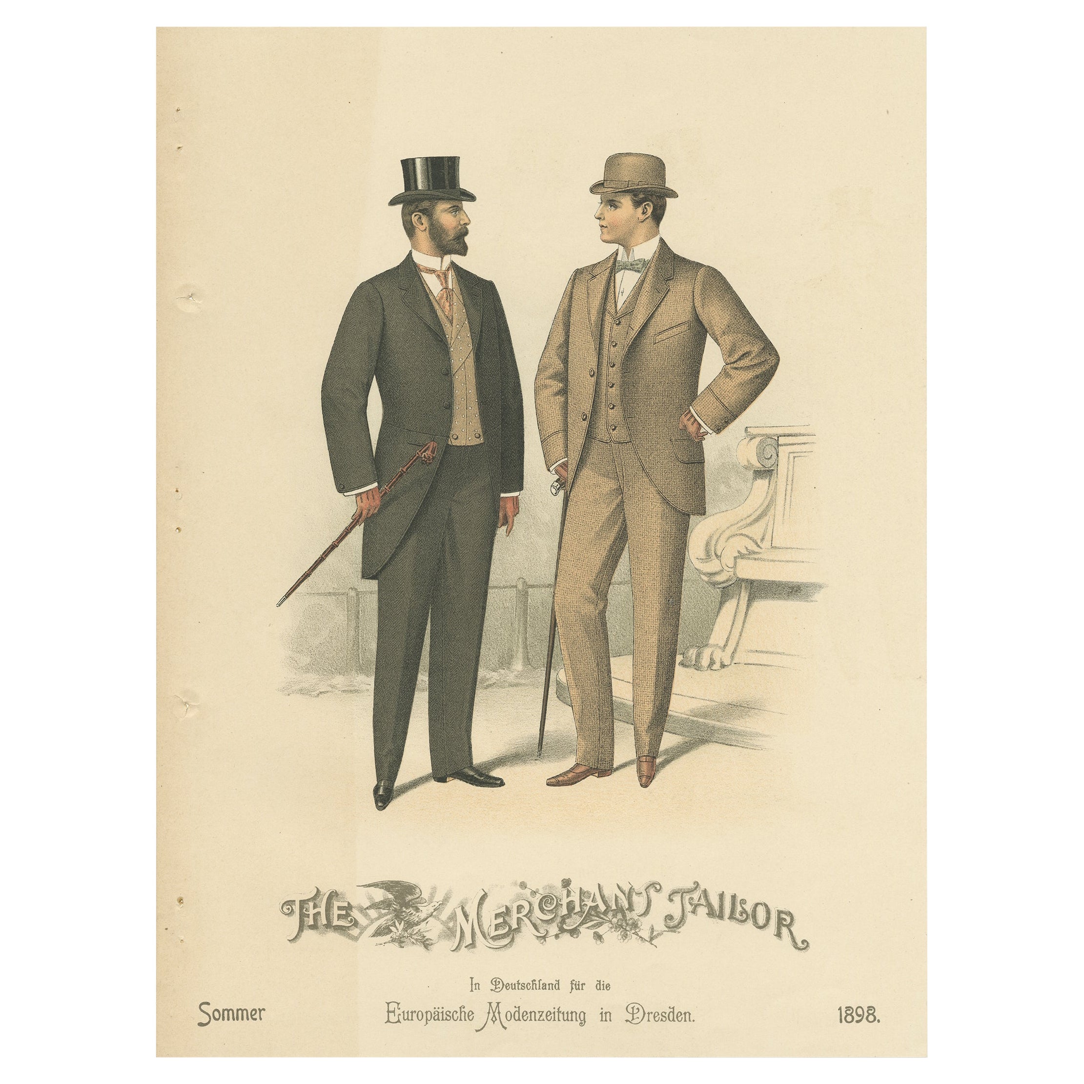 Old Fashion Print of Men Illustrating the Fashion Trends of the Summer of 1898 For Sale