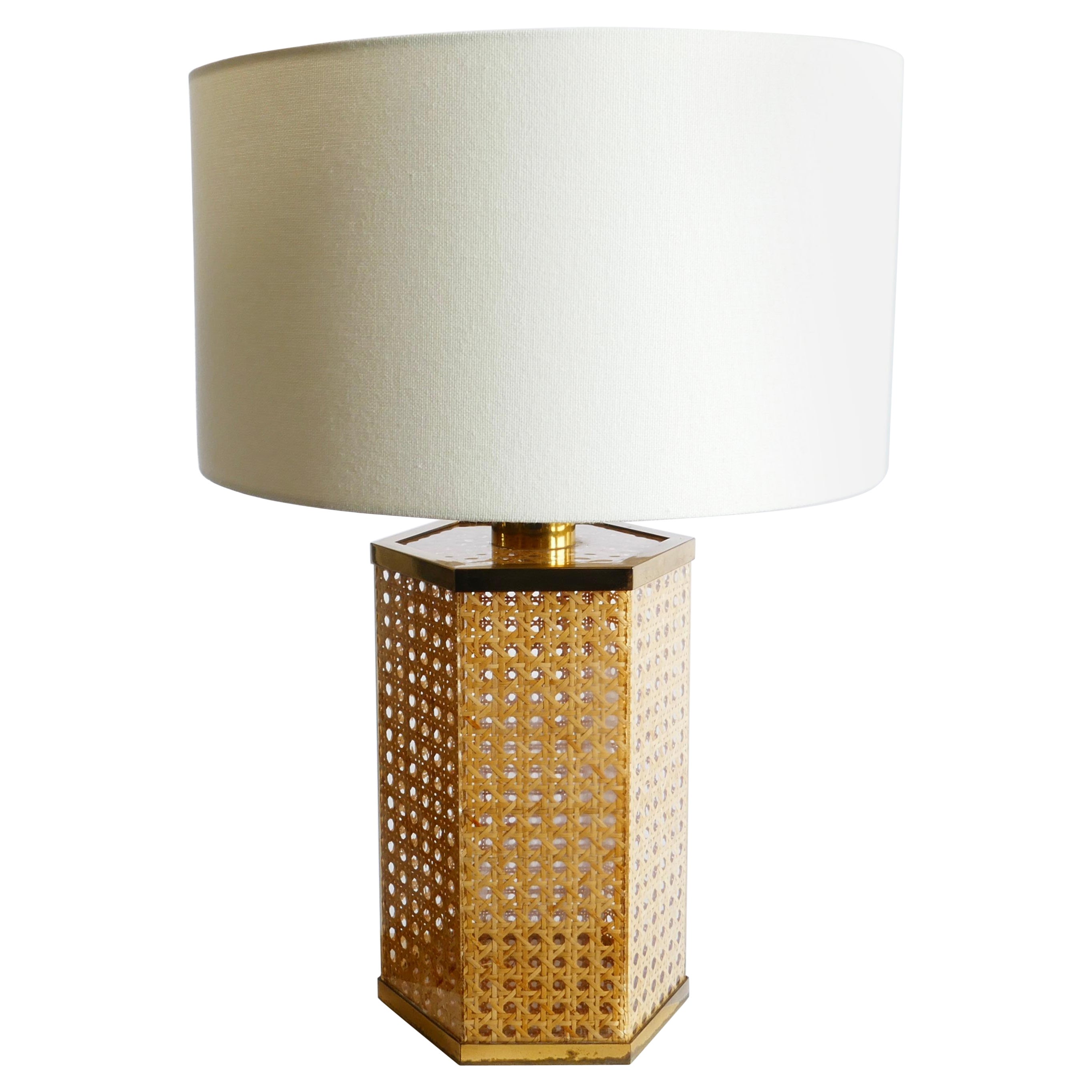 Rattan, Lucite and Brass Table Lamp, Italy, 1970s
