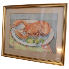 Vintage Paloma de Sanjuanena, Jaime Parladé's Wife, 1980 Lobster Still-Life Watercolour