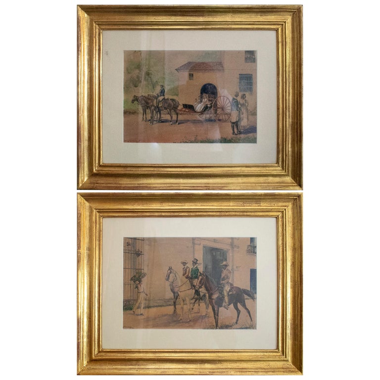 Diego Guevara, 1941 Pair of Cuban Colonial Watercolours W/ People Scenes Framed For Sale