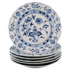 Six Antique Meissen Blue Onion Dinner Plates in Hand-Painted Porcelain