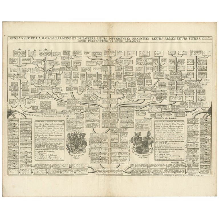 Carte de Genealogie ancienne représentant des maisons palatines et bavaroises avec des armoiries, 1732