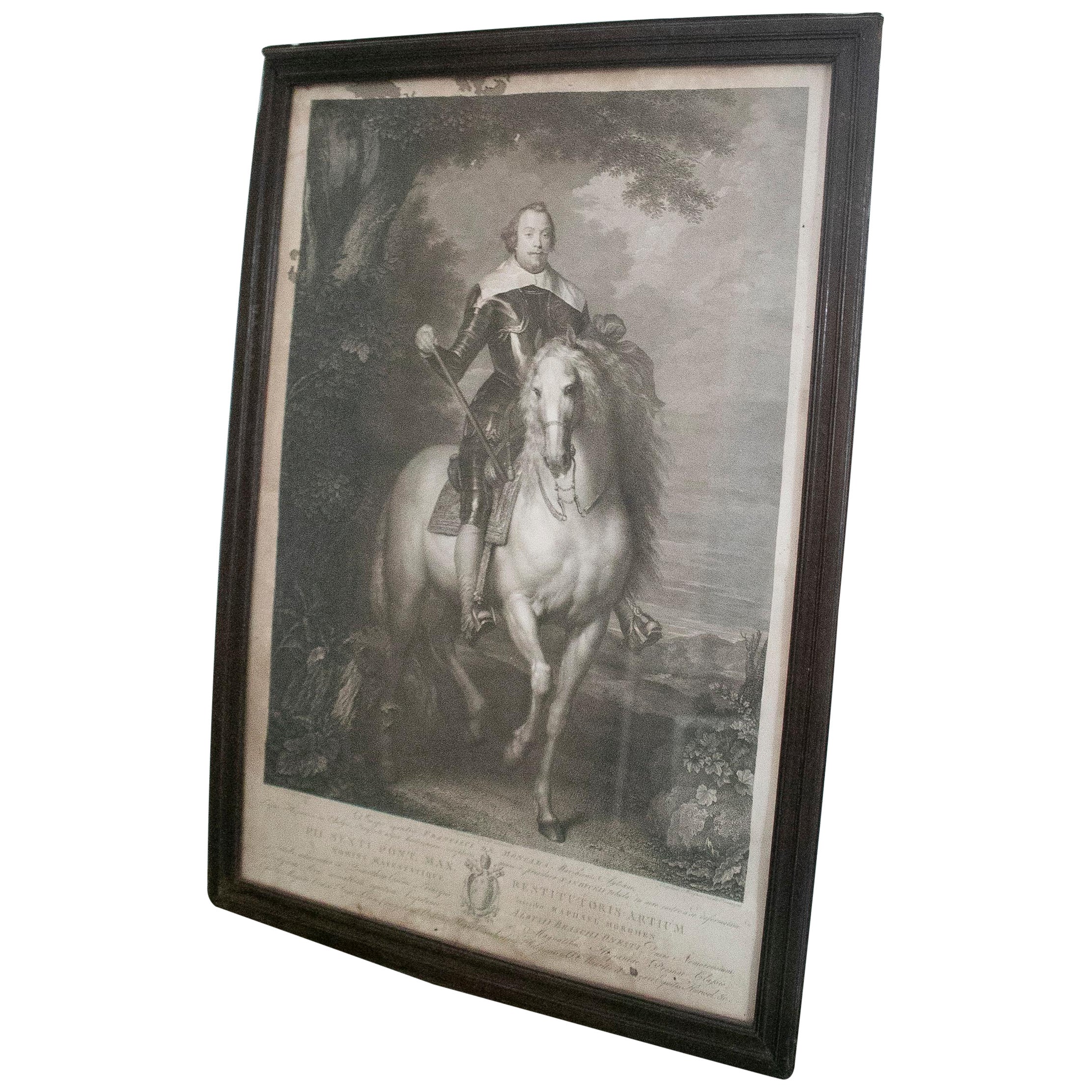 18th Century German Francisco de Moncada Engraved Portrait w/ Full Armor & Horse For Sale