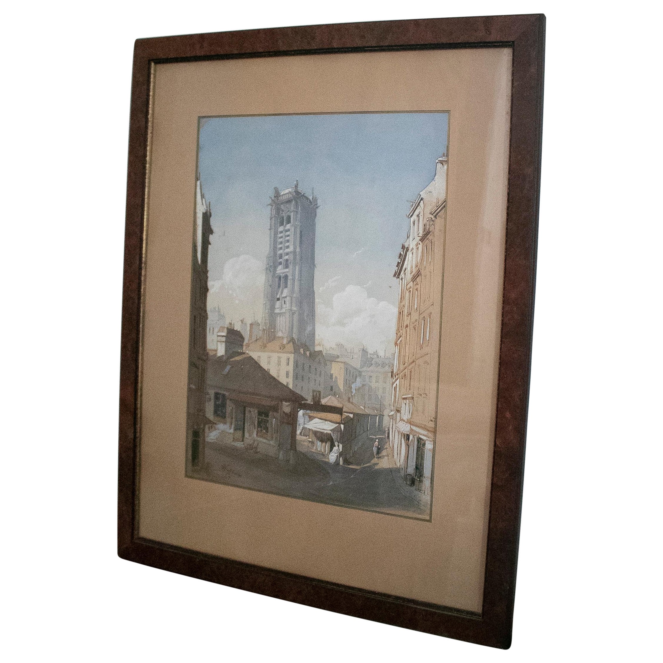 1869 Signed Watercolour French City Landscape w/ Gothic Style Medieval Tower For Sale