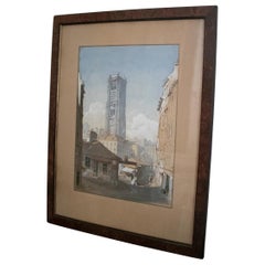 Paysage de ville française à l'aquarelle signée en 1869 avec tour médiévale de style gothique