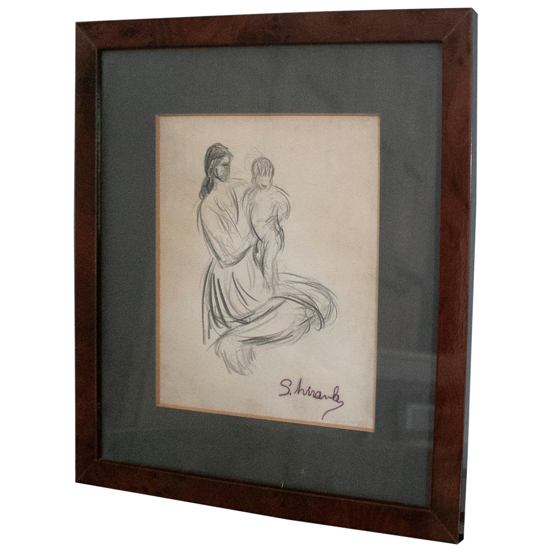 1970s Signed & Framed Woman w/ Child Pencil Drawing 
