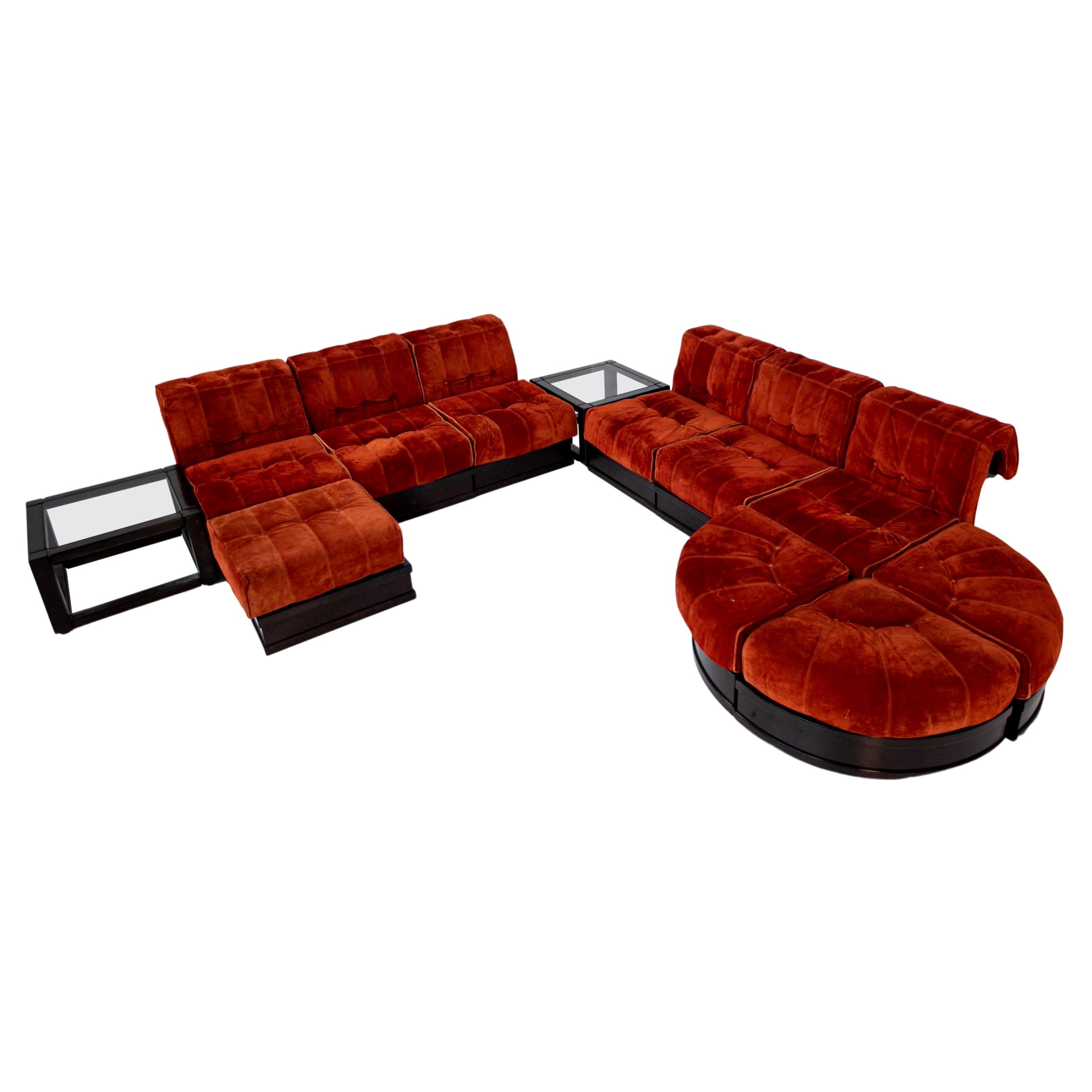 Italian Big Sofa Mod. Cancan by Luciano Frigerio in Orange Velvet and Side Table