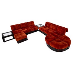 Vintage Italian Big Sofa Mod. Cancan by Luciano Frigerio in Orange Velvet and Side Table
