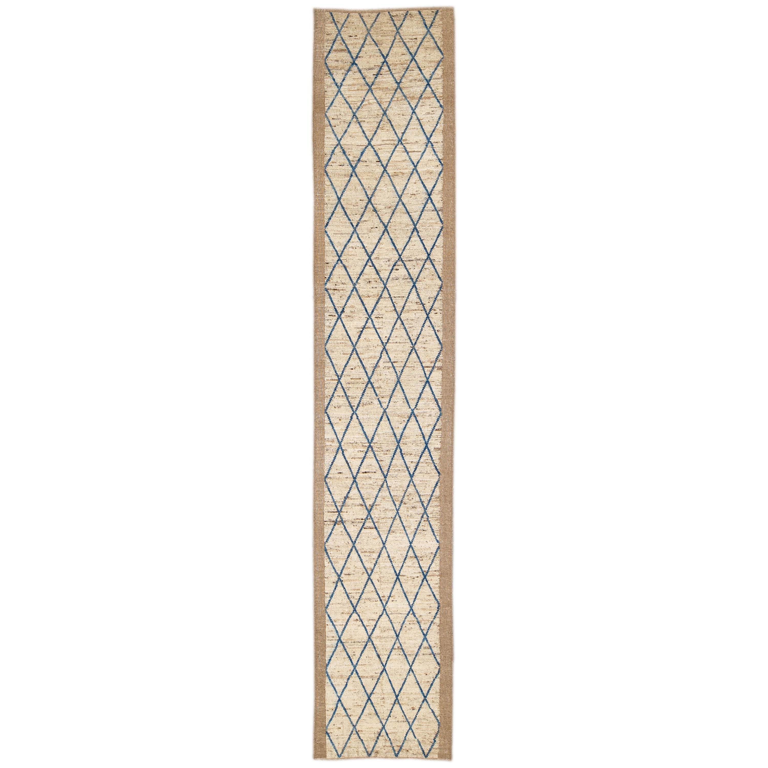 Modern Moroccan Style Handmade Geometric Pattern Beige and Blue Wool Wide Runner For Sale