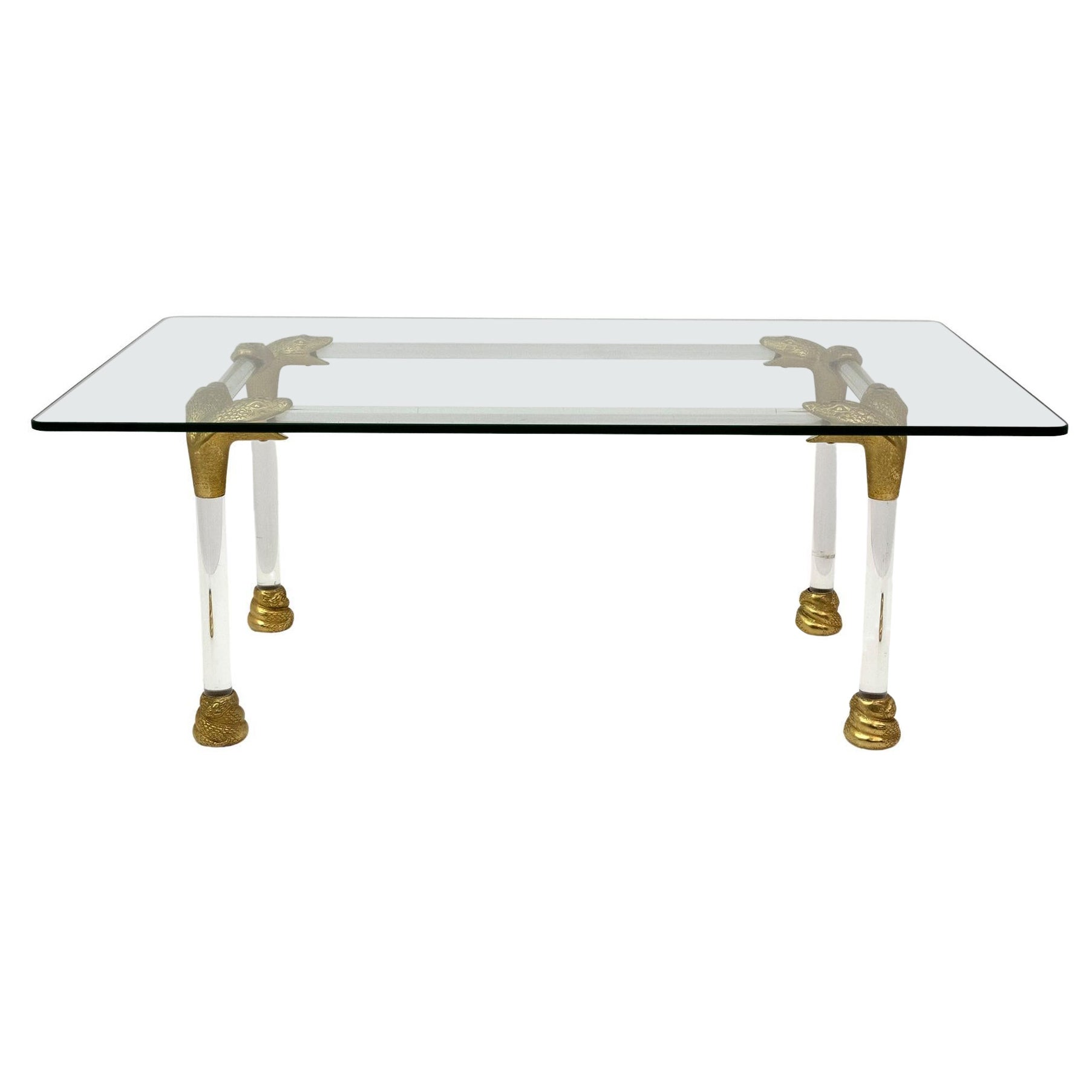 Mid-Century Lucite and Brass Italian Coffee Table with Snake Head Details, 1970s For Sale