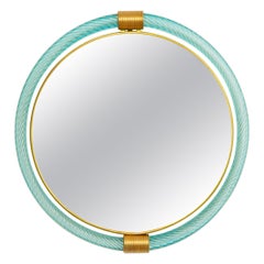 Round Light Blue Twisted Rope Murano Glass Mirror, in Stock