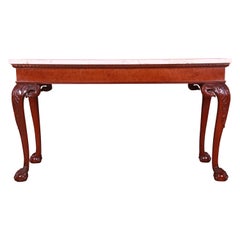 Baker Furniture Chippendale Mahogany and Burl Wood Marble Top Console Table