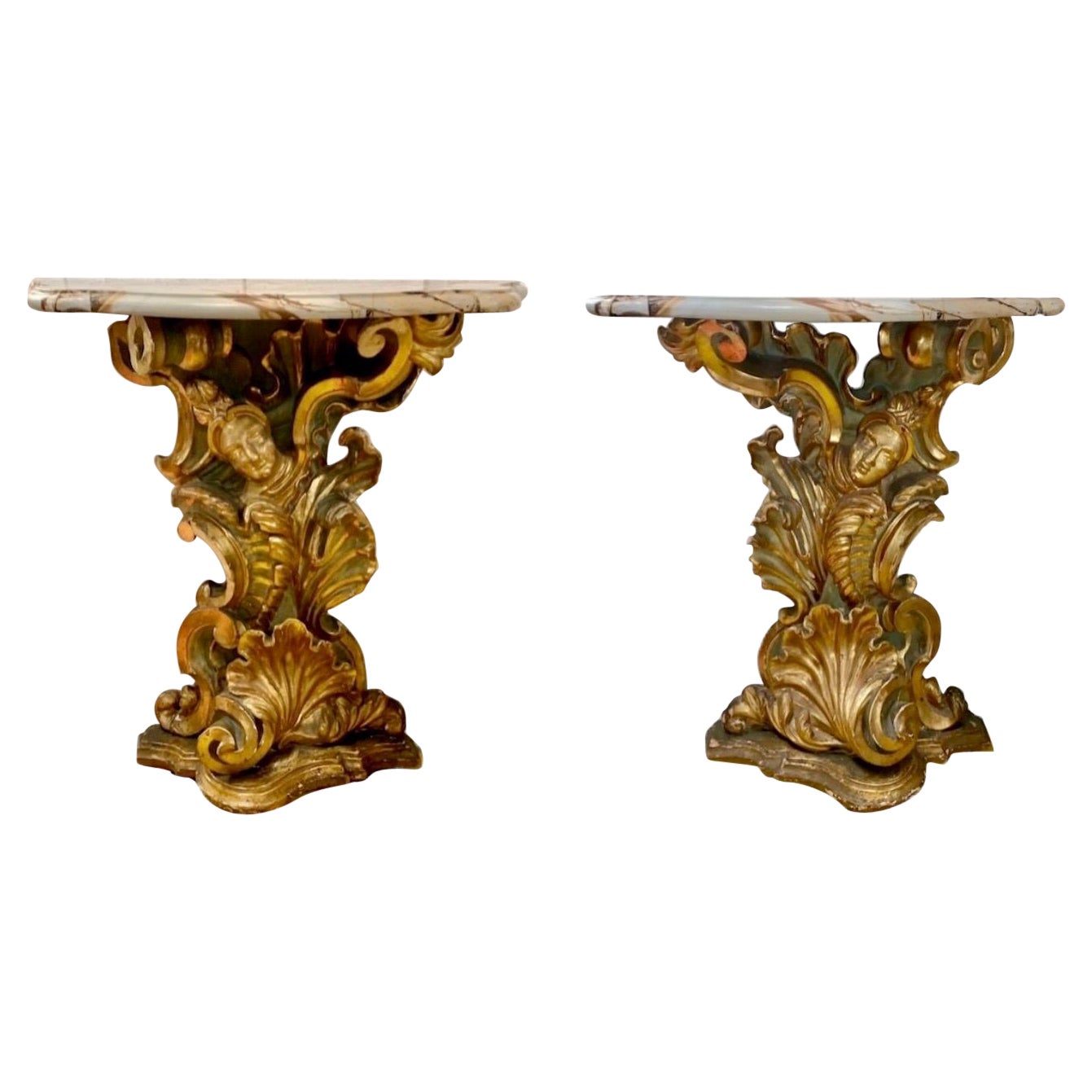 Pair of 18th Century Italian Painted & Gilt Carved Wood Consoles