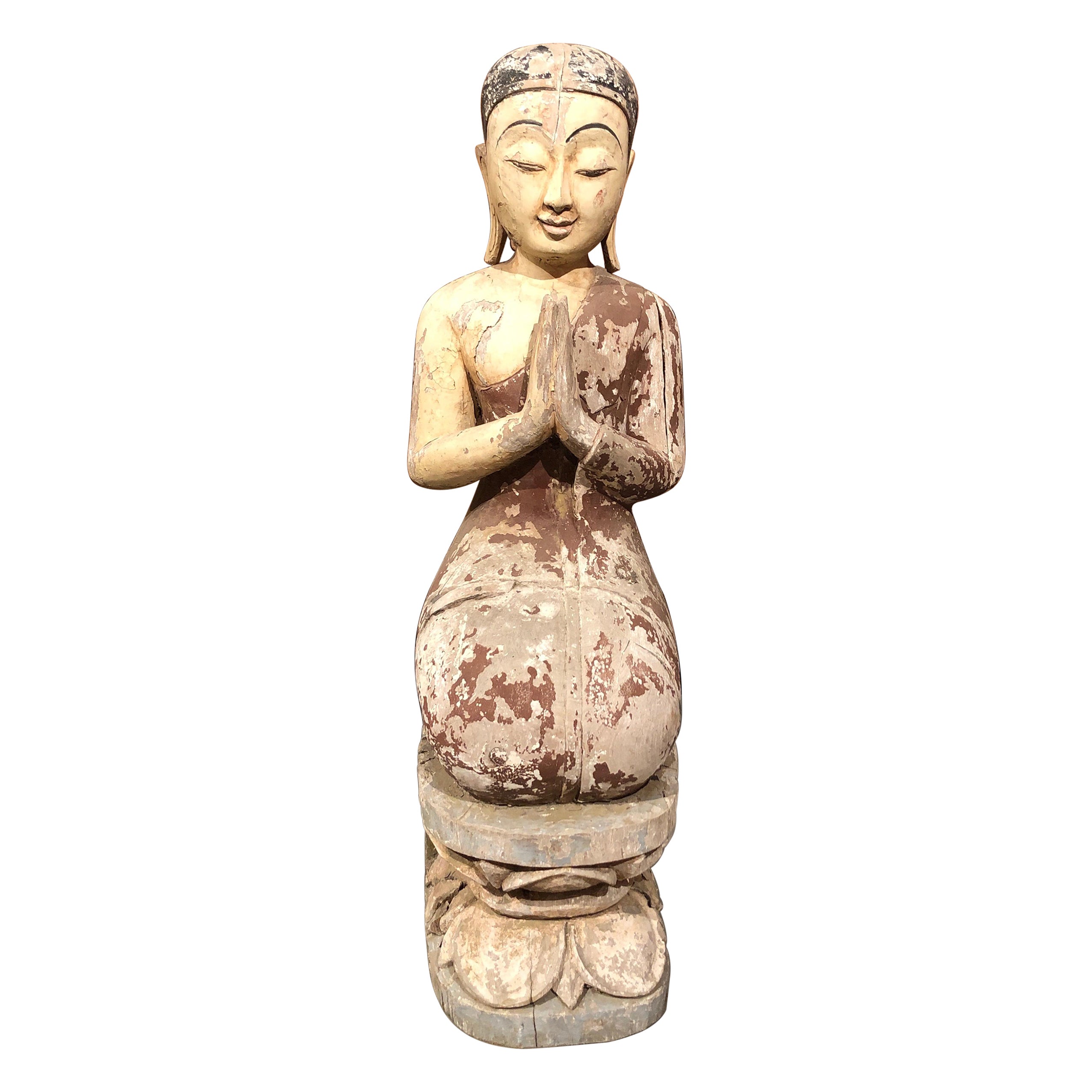 Antique Burmese Kneeling Monk Sculpture with Original Paint For Sale