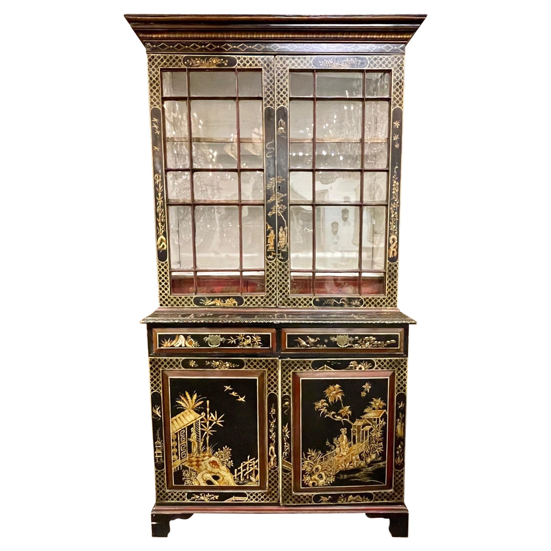 19th Century English Black Lacquered  Bookcase with Raised Chinoiserie For Sale