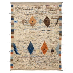 Moderner moderner beiger handgefertigter Wollteppich im marokkanischen Stil im Boho-Stil