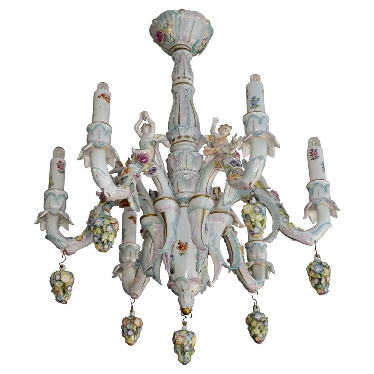 Rococo Style Porcelain Chandelier by Tettau Germany For Sale