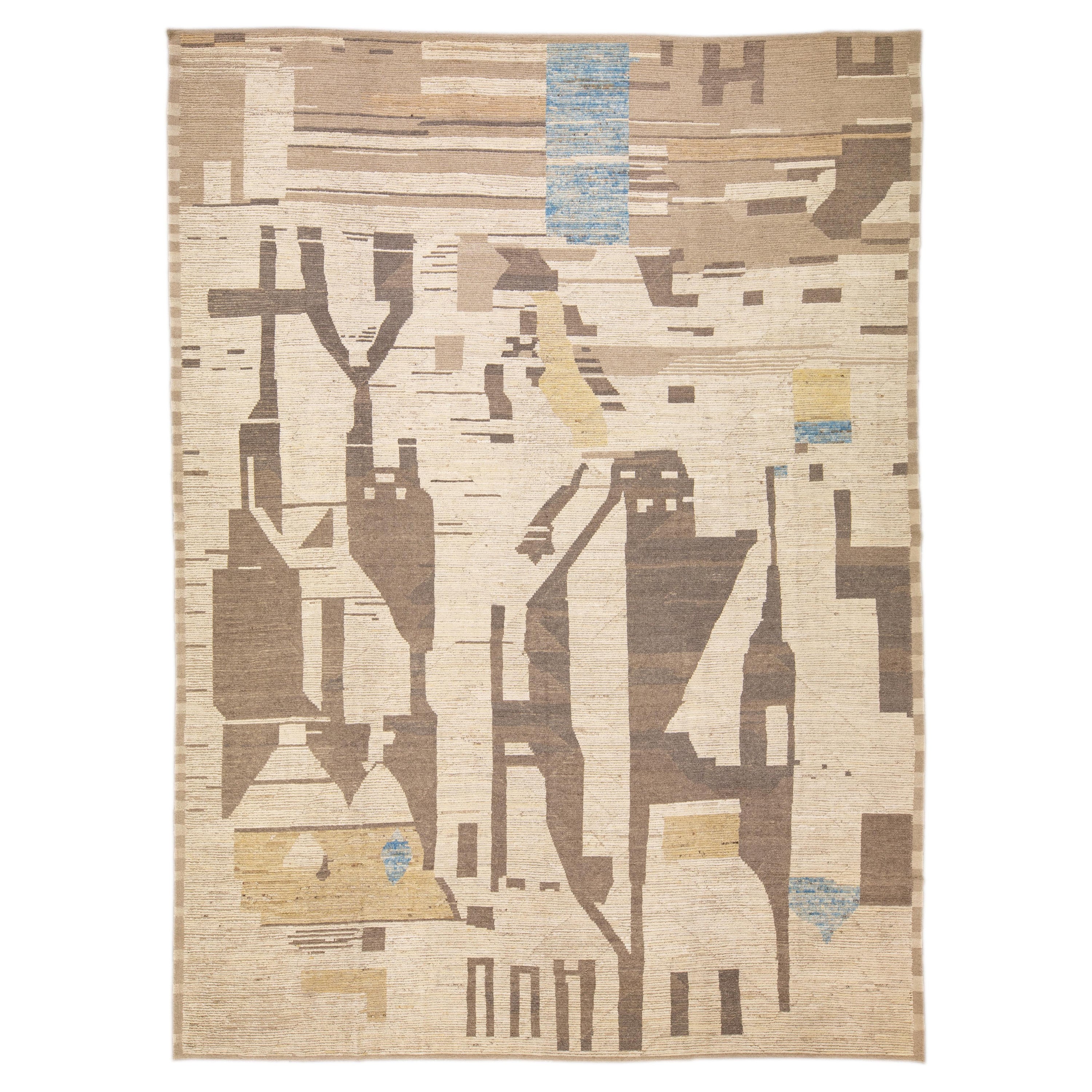Alfombra de lana de gran tamaño con motivos abstractos, hecha a mano, de estilo marroquí, beige, moderna y boho chic