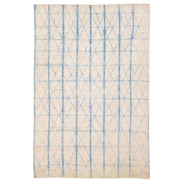 Modern Handmade Blue Greek Key Pattern Beige Oversize Wool Rug For Sale ...